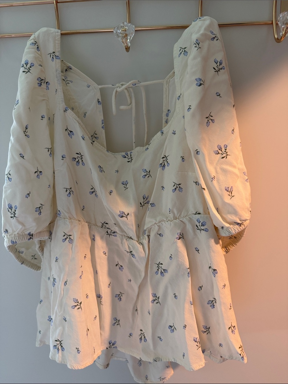 Cream Peasant Crop Top with Blue Floral Print